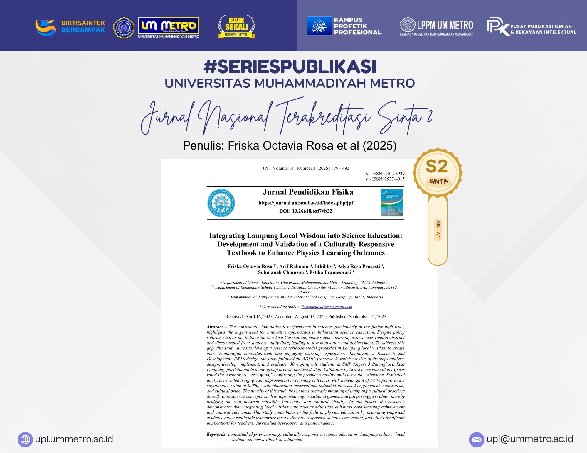 Dosen UM Metro Publikasikan Artikel di Jurnal Pendidikan Fisika (JPF): Jurnal Nasional Terakreditasi Sinta 2 #SeriesPublikasi UM Metro